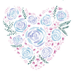 Loose Watercolor Floral Heart of Blue Roses