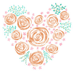 Loose Watercolor Floral Heart of Orange Roses

