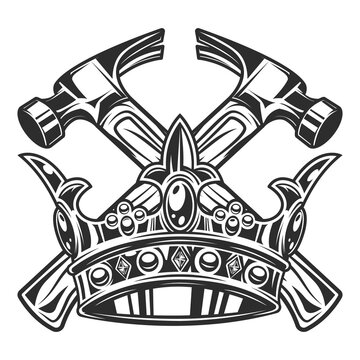 Business builder crossed hammers from new construction and remodeling house with king royal crown vintage illustration