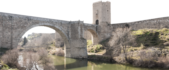 Isolated PNG cutout of a medieval bridge leading to a huge gate on a transparent background, ideal for photobashing, matte-painting, concept art