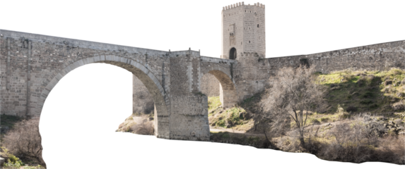 Isolated PNG cutout of a medieval bridge leading to a huge gate on a transparent background, ideal for photobashing, matte-painting, concept art