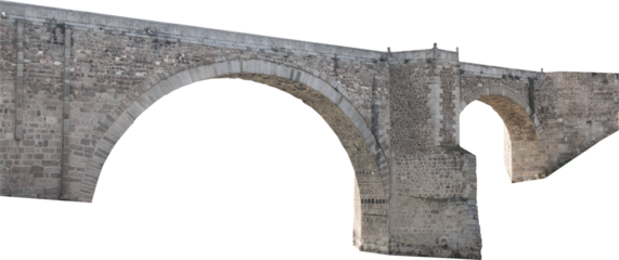 Isolated PNG cutout of a medieval bridge leading to a huge gate on a transparent background, ideal for photobashing, matte-painting, concept art