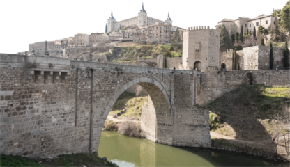 Isolated PNG cutout of a medieval bridge leading to a huge gate on a transparent background, ideal for photobashing, matte-painting, concept art