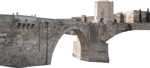 Isolated PNG cutout of a medieval bridge leading to a huge gate on a transparent background, ideal for photobashing, matte-painting, concept art