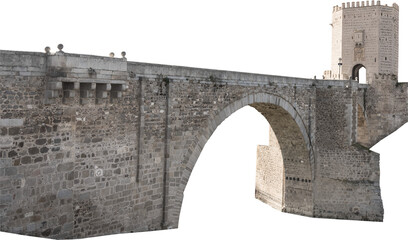Isolated PNG cutout of a medieval bridge leading to a huge gate on a transparent background, ideal for photobashing, matte-painting, concept art