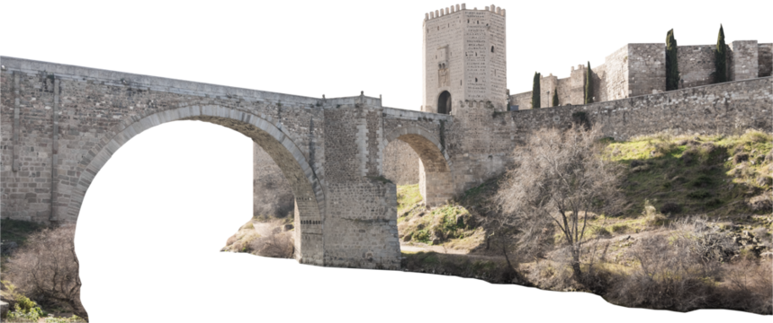 Isolated PNG cutout of a medieval bridge leading to a huge gate on a transparent background, ideal for photobashing, matte-painting, concept art