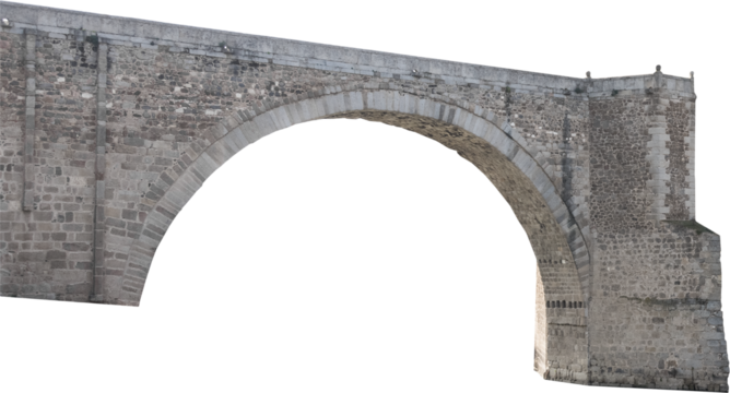 Isolated PNG cutout of a medieval bridge leading to a huge gate on a transparent background, ideal for photobashing, matte-painting, concept art