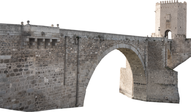 Isolated PNG cutout of a medieval bridge leading to a huge gate on a transparent background, ideal for photobashing, matte-painting, concept art