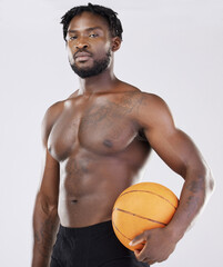 Sports person, fitness and basketball portrait of black man with orange ball for training exercise....