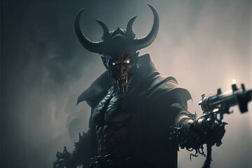 Realistic Dark Evil Demon in Smoke Fog with Gun