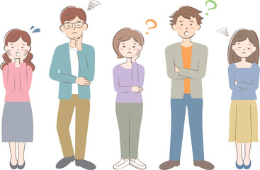 悩んでいるカジュアル姿の若い男女　全身　複数