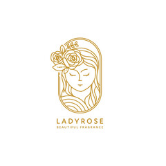 woman face with rose flower, line art style logo design