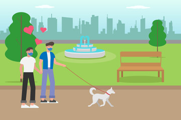 Naklejka premium Gay couple walking in the park with pet