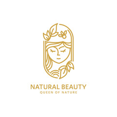 natural beauty logo with woman and flowers line art style design