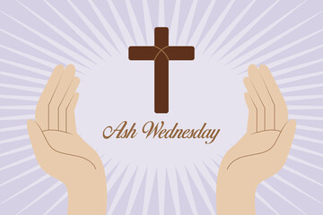 Hands with cross symbol and ash wednesday text