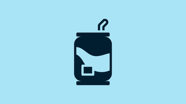 Blue Soda can icon isolated on blue background. 4K Video motion graphic animation