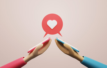 Mobile smartphone with speech bubble heart icon on pink background.