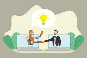 Robot and businessman handshake on laptop computer