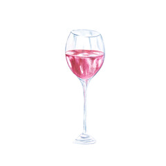 Watercolor composition of a glass of red wine on a white background. Handmade. Raster Can be used in product advertising, postcards, napkins, compositions.