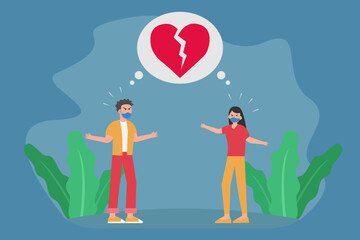 Fototapeta premium Young couple arguing with a broken heart over head