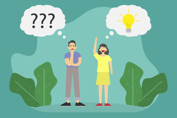 Man with question marks and woman with a light bulb solution or idea