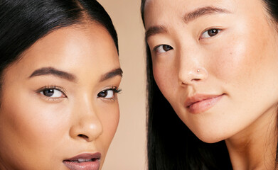 Diversity women, beauty and skincare portrait in studio for dermatology, makeup and cosmetics....