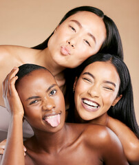 Diversity, beauty and women in crazy portrait smile together, skincare friends on studio background. Health, wellness and luxury cosmetics for beautiful multicultural people in makeup with tongue out - obrazy, fototapety, plakaty