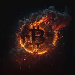 Bitcoin Crypto Emerging From Fire, Coin on Fire, Flames with Smoke