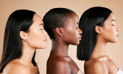 Diversity, beauty and women, face and profile with skincare, natural cosmetics and makeup isolated...