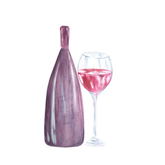 Watercolor composition from a glass with a bottle of wine. Raster handmade.