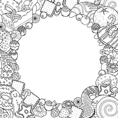 Vector coloring book page for adults. Black and white illustration of sweet food, candies, pastries, desserts, baked products