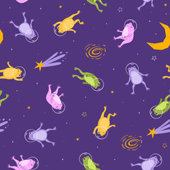 Seamless pattern with frogs in space. Vector graphics.