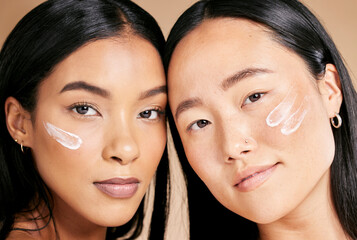 Skincare, beauty cream and diversity women portrait in studio for dermatology, makeup and...