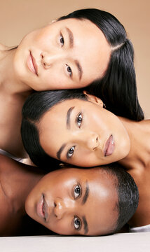 Diversity, beauty portrait and facial skincare for cosmetics dermatology, organic wellness and support care in brown background studio. Women inclusion, model head pile and luxury spa face glow