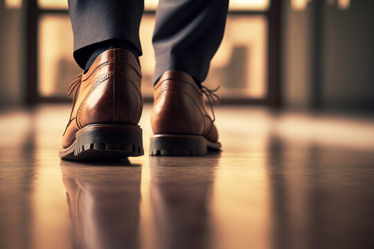Close-up at heel of the manager is wearing formal business court shoe is walking on wooden floor at working office, Businessman action. Generative Ai image.