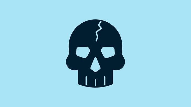 Blue Skull icon isolated on blue background. Pirate captain. Happy Halloween party. 4K Video motion graphic animation
