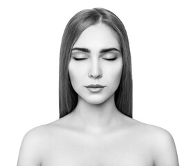 Young woman face with closed eyes in front view.