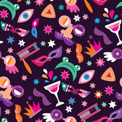 Purim - holiday  jewish carnival  seamless pattern   Carnival mask, Hamantashen, confetti, clown, garland, hat, firework,  Purim Jewish festival concept  Vector festive illustration
