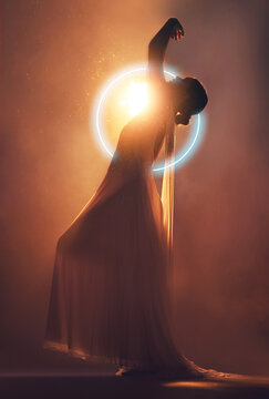Orange lighting, art deco and silhouette of woman with neon circle for creative, fantasy and beauty. Dance, aesthetic and shadow of angel or goddess for dream, magic and freedom in glowing studio