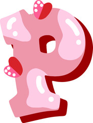 Candy pink glossy font design. Pastel pink and paper heart decor letters ABC. Sweets for girls. Letter P