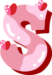 Candy pink glossy font design. Pastel pink and paper heart decor letters ABC. Sweets for girls. Letter S