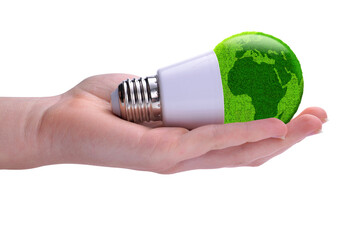Eco LED bulb in hand isolated on transparent background, PNG. Green energy concept.