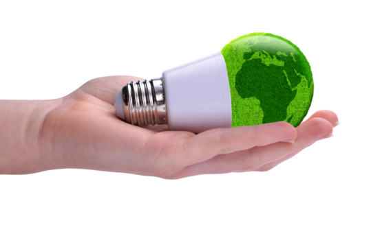 Eco LED bulb in hand isolated on transparent background, PNG. Green energy concept.