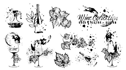 Vector hand drawn template illustration of wine, bottles and glasses. Art for menu, shop, market or sale. Wine bottles with wine squirts. Sketchy collection of grape leaves and different wine elements
