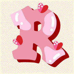 Candy pink glossy font design. Pastel pink and paper heart decor letters ABC. Sweets for girls. Letter R