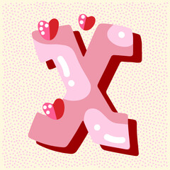 Candy pink glossy font design. Pastel pink and paper heart decor letters ABC. Sweets for girls. Letter X