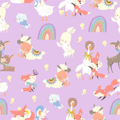 Seamless Pattern with Cute Animals hugging Friends