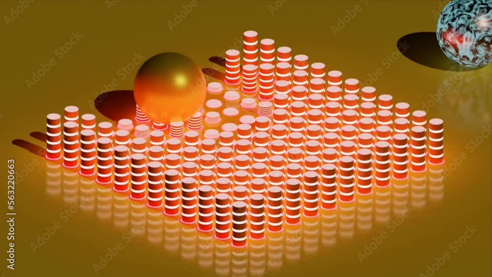 Poster 4k video animation of abstract multiple balls moving over the neon surface and the neon cylinder sha