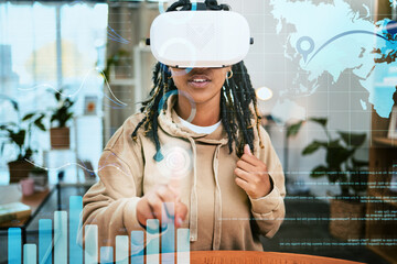 Virtual reality, global data woman gesture for vr elearning, globalization education or future learning innovation. Knowledge metaverse, data overlay and black student study with ai augmented reality