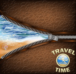 Travel Time vip card with zipper and sea shell, vector illustration